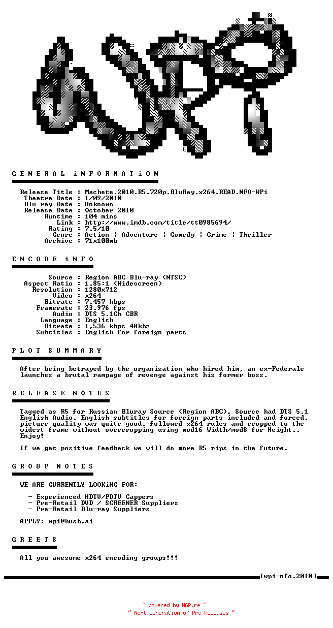 NFO for the release Machete.2010.R5.720p.BluRay.x264.READ.NFO-WPi by WPi