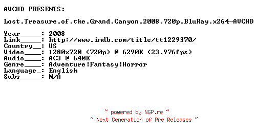 NFO for the release Lost.Treasure.of.the.Grand.Canyon.2008.720p.BluRay.x264-AVCHD by AVCHD