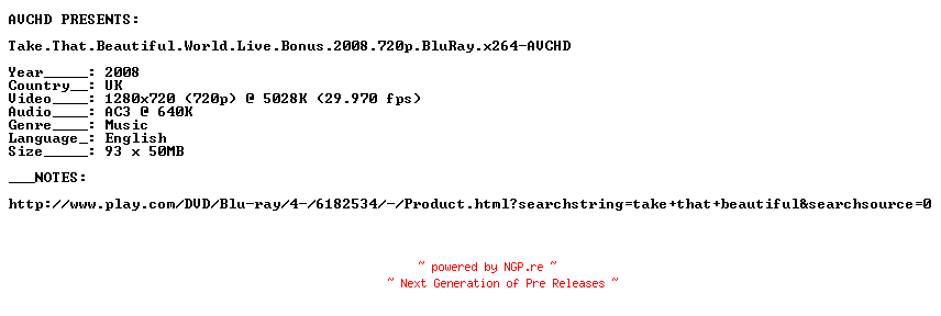NFO for the release Take.That.Beautiful.World.Live.Bonus.2008.720p.BluRay.x264-AVCHD by AVCHD