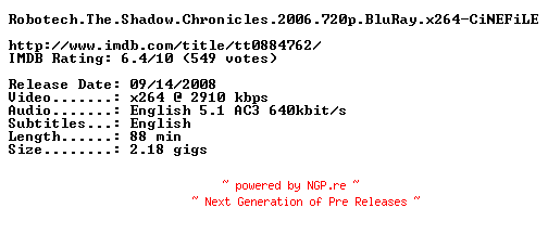 NFO for the release Robotech.The.Shadow.Chronicles.2006.720p.BluRay.x264-CiNEFiLE by CiNEFiLE