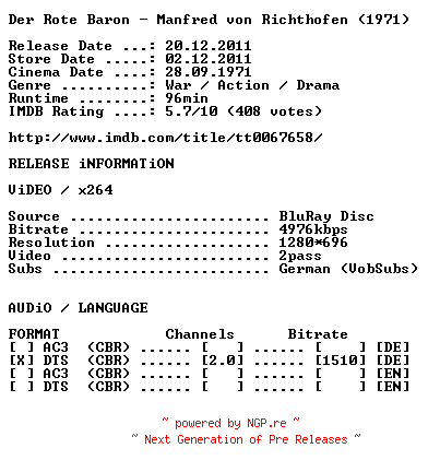 NFO for the release Der.Rote.Baron.Manfred.von.Richthofen.1971.German.720p.BluRay.x264-OBLiGATED by OBLiGATED