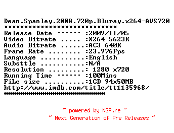 NFO for the release Dean.Spanley.2008.720p.Bluray.x264-AVS720 by AVS720