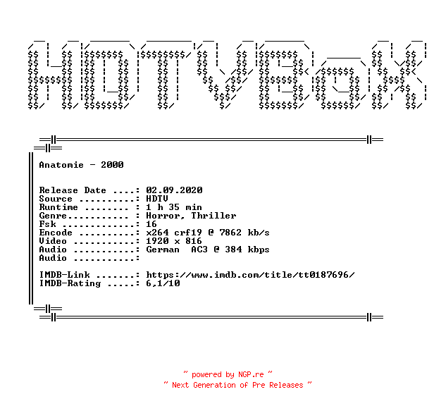 NFO for the release Anatomie.2000.German.1080p.HDTV.x264.iNTERNAL-HDTVBoX by HDTVBoX