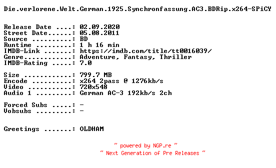NFO for the release Die.verlorene.Welt.German.1925.Synchronfassung.AC3.BDRip.x264-SPiCY by SPiCY