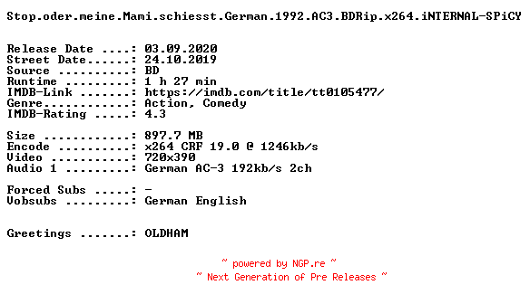 NFO for the release Stop.oder.meine.Mami.schiesst.German.1992.AC3.BDRip.x264.iNTERNAL-SPiCY by SPiCY