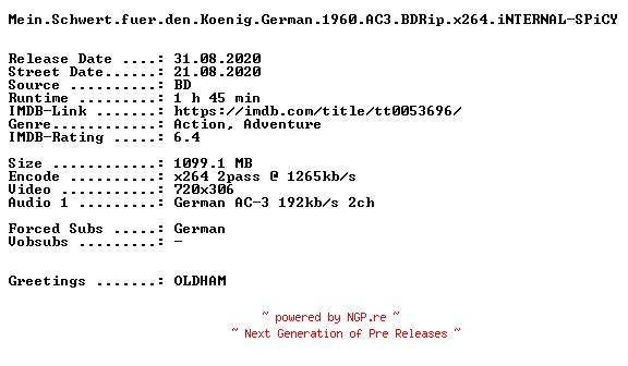 NFO for the release Mein.Schwert.fuer.den.Koenig.German.1960.AC3.BDRip.x264.iNTERNAL-SPiCY by SPiCY