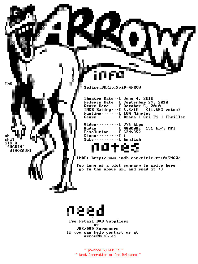 NFO for the release Splice.BDRip.XviD-ARROW by ARROW