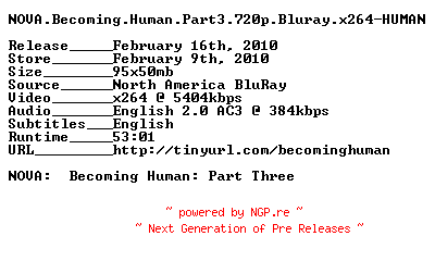 NFO for the release NOVA.Becoming.Human.Part3.720p.Bluray.x264-HUMAN by HUMAN