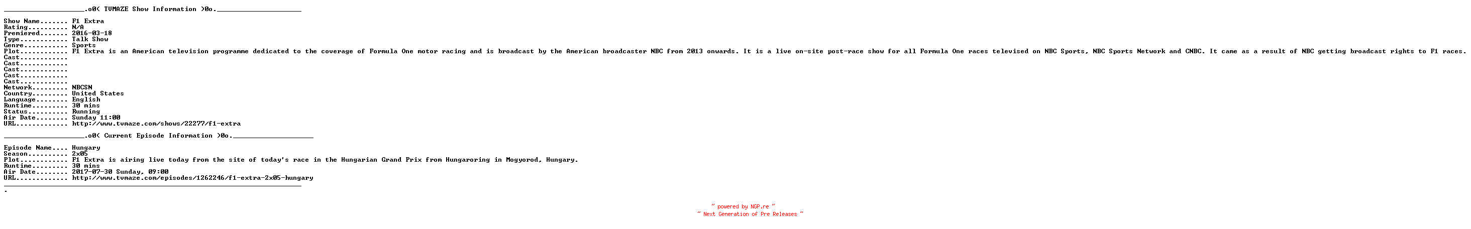 NFO for the release F1.2020.Grosser.Preis.von.Italien.Qualifying.in.Monza.German.HDTVRiP.x264-F1ANA by F1ANA
