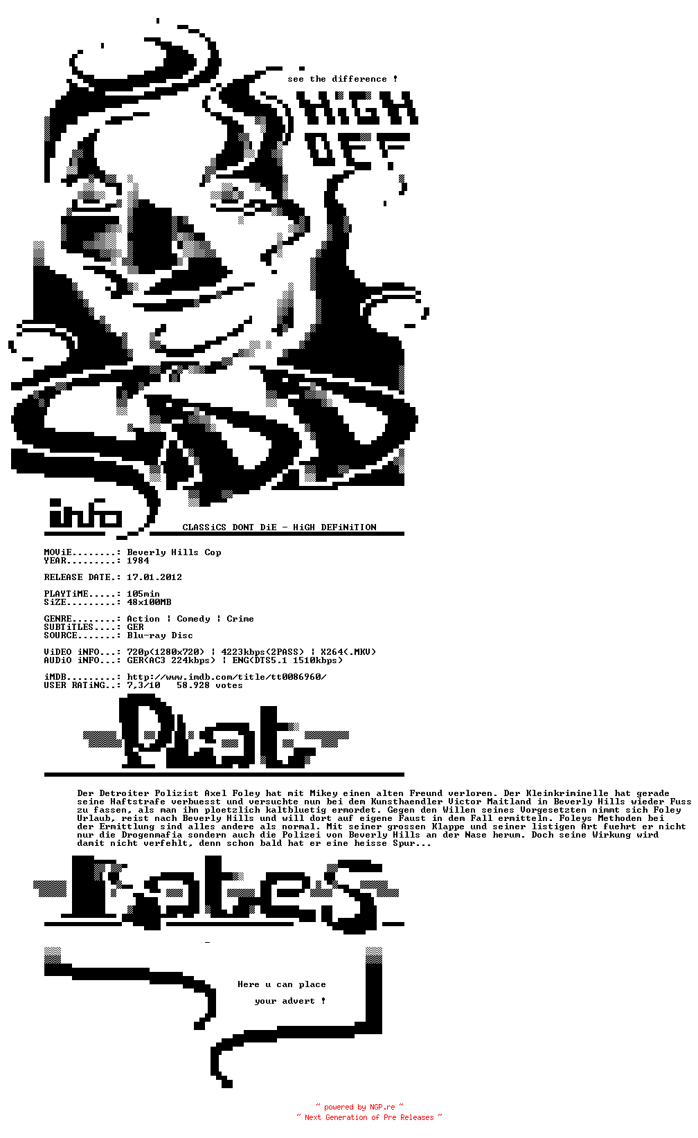 NFO for the release Beverly.Hills.Cop.1984.German.DL.720p.BluRay.x264-CDD by CDD