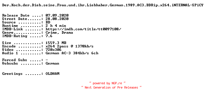 NFO for the release Der.Koch.der.Dieb.seine.Frau.und.ihr.Liebhaber.German.1989.AC3.BDRip.x264.iNTERNAL-SPiCY by SPiCY