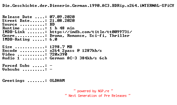 NFO for the release Die.Geschichte.der.Dienerin.German.1990.AC3.BDRip.x264.iNTERNAL-SPiCY by SPiCY