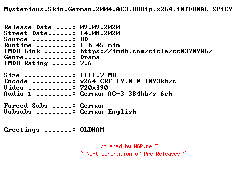 NFO for the release Mysterious.Skin.German.2004.AC3.BDRip.x264.iNTERNAL-SPiCY by SPiCY