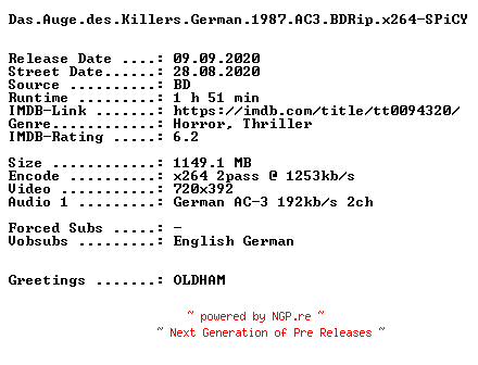 NFO for the release Das.Auge.des.Killers.German.1987.AC3.BDRip.x264-SPiCY by SPiCY