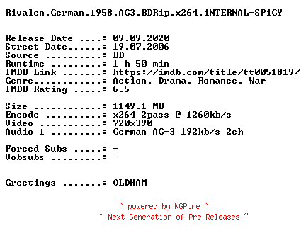 NFO for the release Rivalen.German.1958.AC3.BDRip.x264.iNTERNAL-SPiCY by SPiCY