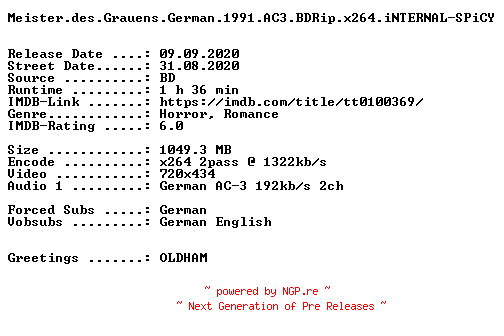 NFO for the release Meister.des.Grauens.German.1991.AC3.BDRip.x264.iNTERNAL-SPiCY by SPiCY