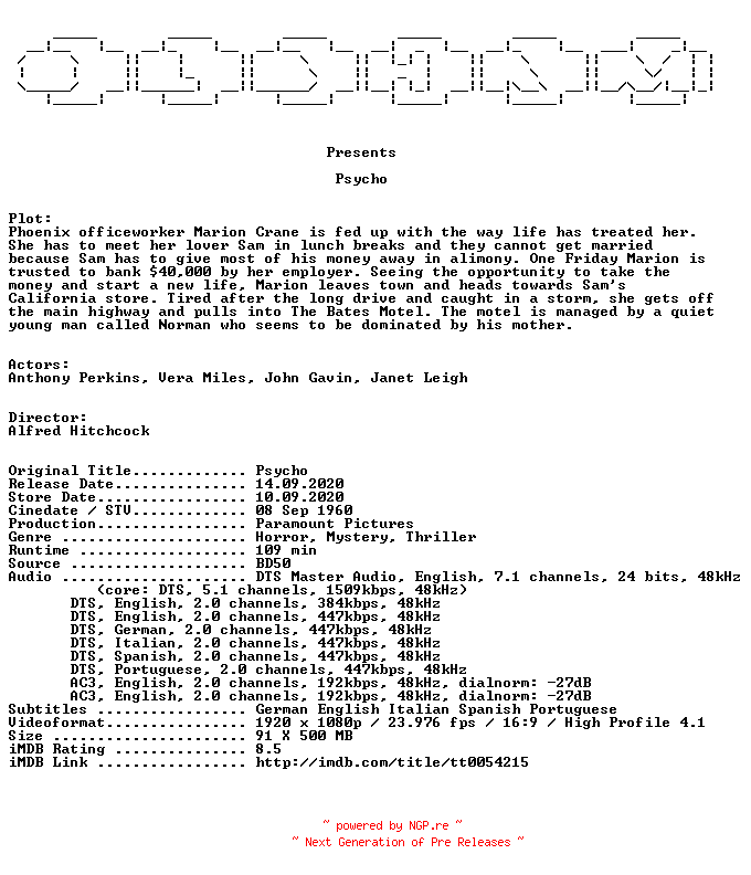 NFO for the release Psycho.1960.MULTi.COMPLETE.BLURAY.iNTERNAL-OLDHAM by OLDHAM
