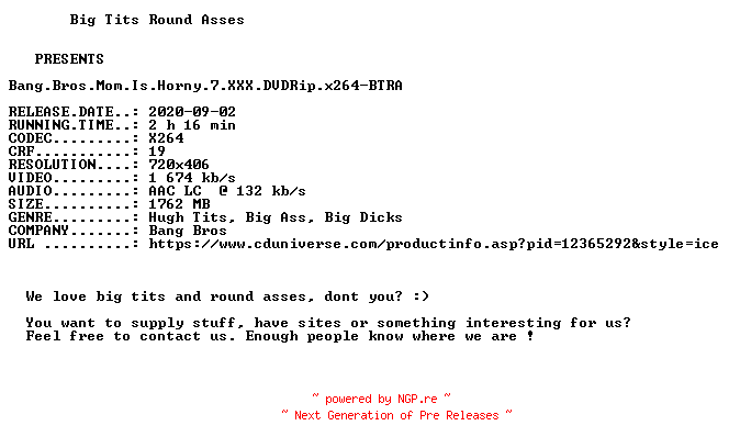 NFO for the release Bang.Bros.Mom.Is.Horny.7.XXX.DVDRip.x264-BTRA by BTRA