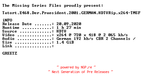 NFO for the release Tatort.E468.Der.Praesident.2001.GERMAN.HDTVRip.x264-TMSF by TMSF