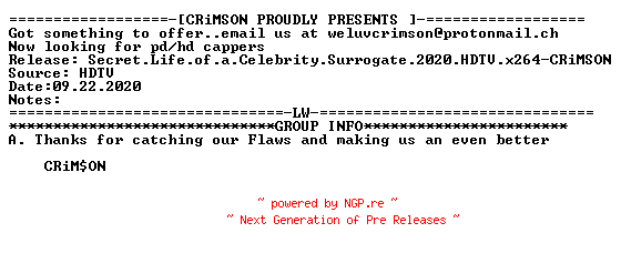 NFO for the release Secret.Life.of.a.Celebrity.Surrogate.2020.HDTV.x264-CRiMSON by CRiMSON