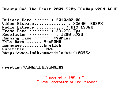 NFO for the release Beauty.And.The.Beast.2009.720p.BluRay.x264-LCHD by LCHD