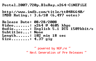 NFO for the release Postal.2007.720p.BluRay.x264-CiNEFiLE by CiNEFiLE