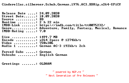 NFO for the release Cinderellas.silberner.Schuh.German.1976.AC3.BDRip.x264-SPiCY by SPiCY