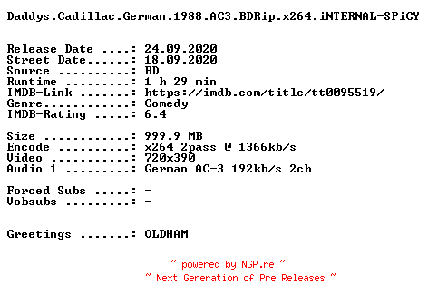 NFO for the release Daddys.Cadillac.German.1988.AC3.BDRip.x264.iNTERNAL-SPiCY by SPiCY