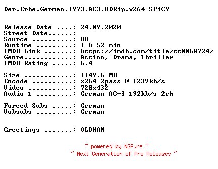 NFO for the release Der.Erbe.German.1973.AC3.BDRip.x264-SPiCY by SPiCY