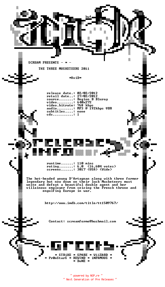 NFO for the release The.Three.Musketeers.2011.BDRip.XviD-SCREAM by SCREAM