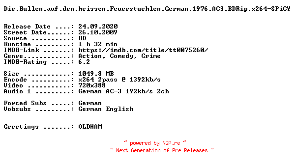 NFO for the release Die.Bullen.auf.den.heissen.Feuerstuehlen.German.1976.AC3.BDRip.x264-SPiCY by SPiCY