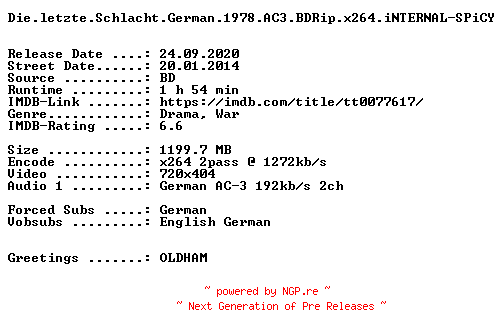 NFO for the release Die.letzte.Schlacht.German.1978.AC3.BDRip.x264.iNTERNAL-SPiCY by SPiCY
