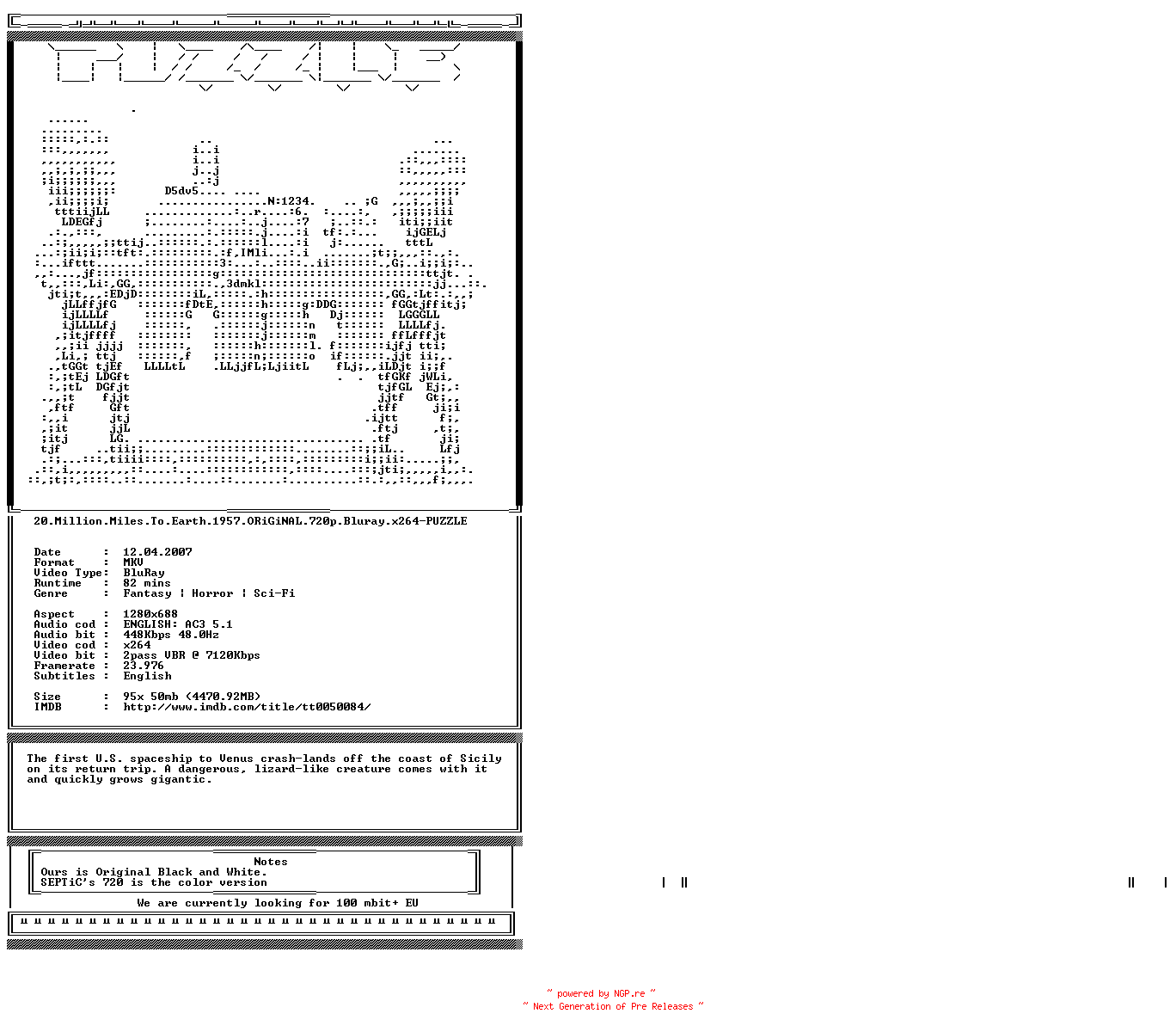 NFO for the release 20.Million.Miles.To.Earth.1957.ORiGiNAL.720p.Bluray.x264-PUZZLE by PUZZLE