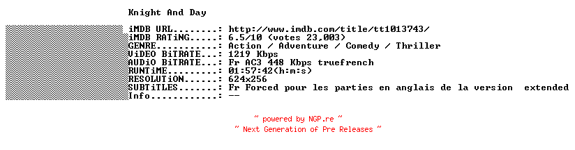 NFO for the release Knight.And.Day.Extended.Cut.FRENCH.BDRiP.XViD-THENiGHTMARE by THENiGHTMARE