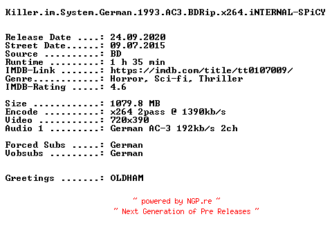 NFO for the release Killer.im.System.German.1993.UNCUT.AC3.BDRip.x264.iNTERNAL-SPiCY by SPiCY