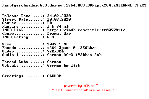 NFO for the release Kampfgeschwader.633.German.1964.AC3.BDRip.x264.iNTERNAL-SPiCY by SPiCY