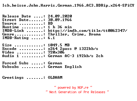 NFO for the release Ich.heisse.John.Harris.German.1966.AC3.BDRip.x264-SPiCY by SPiCY