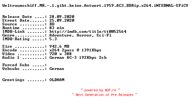 NFO for the release Weltraumschiff.MR.-.1.gibt.keine.Antwort.German.1959.AC3.BDRip.x264.iNTERNAL.DiRFiX-SPiCY by SPiCY