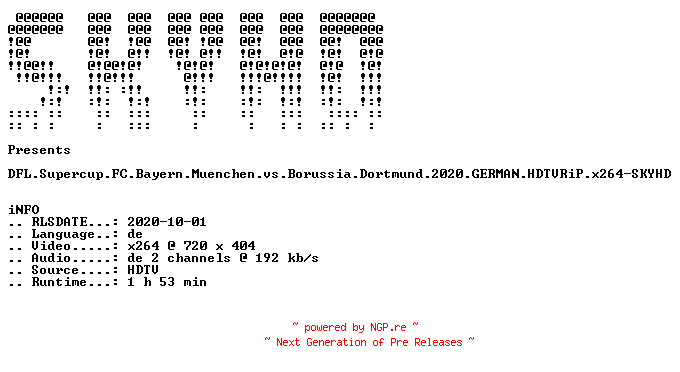 NFO for the release DFL.Supercup.FC.Bayern.Muenchen.vs.Borussia.Dortmund.2020.GERMAN.HDTVRiP.x264-SKYHD by SKYHD
