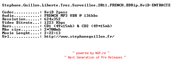 NFO for the release Stephane.Guillon.Liberte.Tres.Surveillee.2011.FRENCH.BDRip.XviD-ENTRACTE by ENTRACTE