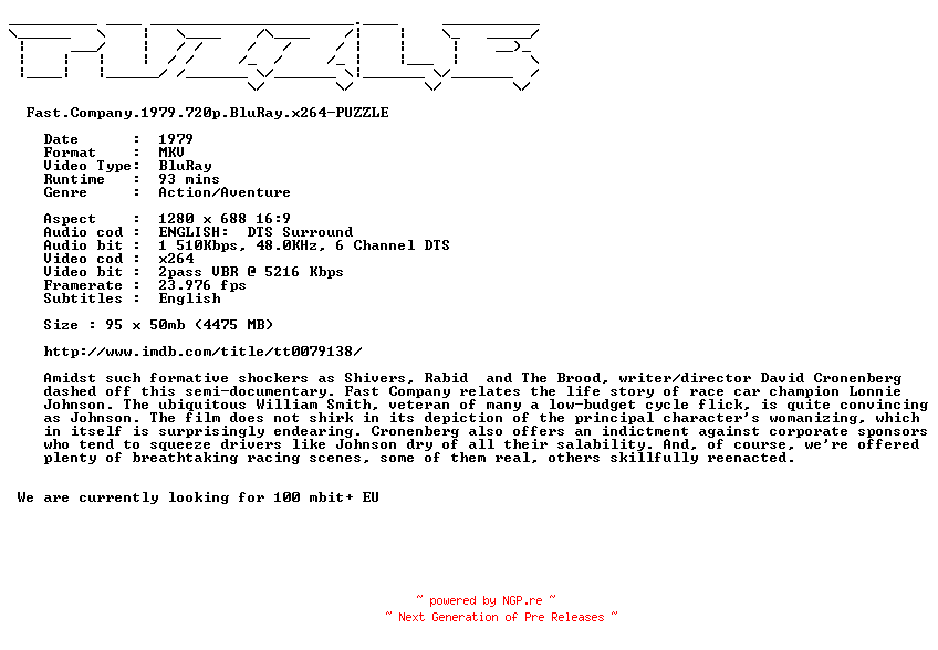NFO for the release Fast.Company.1979.720p.BluRay.x264-PUZZLE by PUZZLE