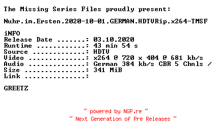 NFO for the release Nuhr.im.Ersten.2020-10-01.GERMAN.HDTVRip.x264-TMSF by TMSF