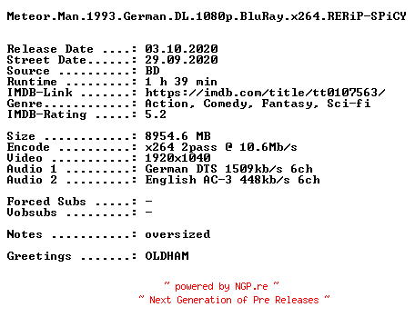 NFO for the release Meteor.Man.1993.German.DL.1080p.BluRay.x264.RERiP-SPiCY by SPiCY