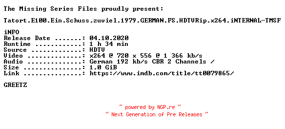 NFO for the release Tatort.E100.Ein.Schuss.zuviel.1979.GERMAN.FS.HDTVRip.x264.iNTERNAL-TMSF by TMSF