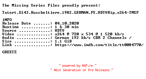 NFO for the release Tatort.E143.Kuscheltiere.1982.GERMAN.FS.HDTVRip.x264-TMSF by TMSF