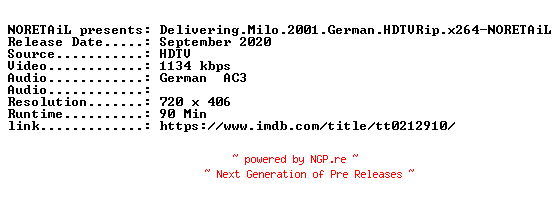 NFO for the release Delivering.Milo.2001.German.HDTVRip.x264-NORETAiL by NORETAiL