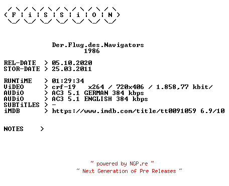NFO for the release Der.Flug.des.Navigators.German.1986.DL.BDRiP.x264.iNTERNAL-FiSSiON by FiSSiON