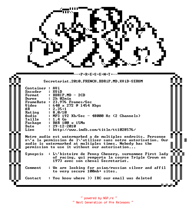 NFO for the release Secretariat.2010.FRENCH.BDRiP.MD.XViD-SERUM by SERUM