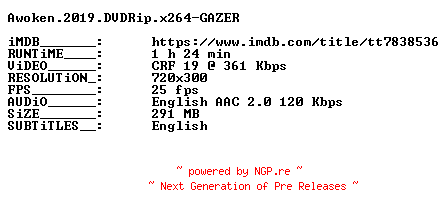 NFO for the release Awoken.2019.DVDRip.x264-GAZER by GAZER