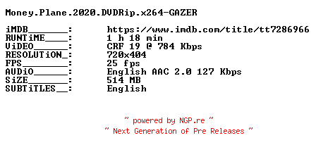 NFO for the release Money.Plane.2020.DVDRip.x264-GAZER by GAZER